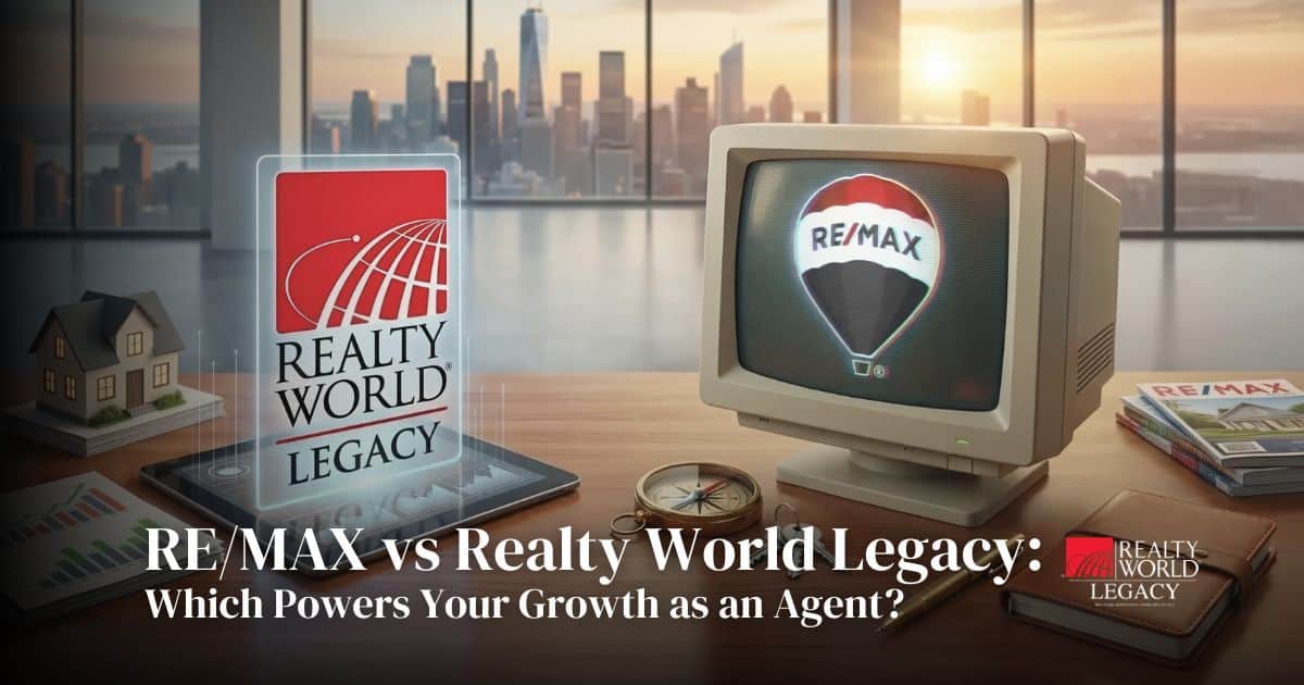 Real estate desk showcasing Realty World Legacy and RE/MAX brokerages.