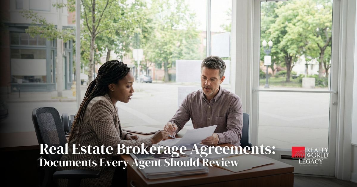 Two real estate agents reviewing and discussing a professional real estate brokerage agreement together in an Ontario office setting, focused on contract terms and agent responsibilities.