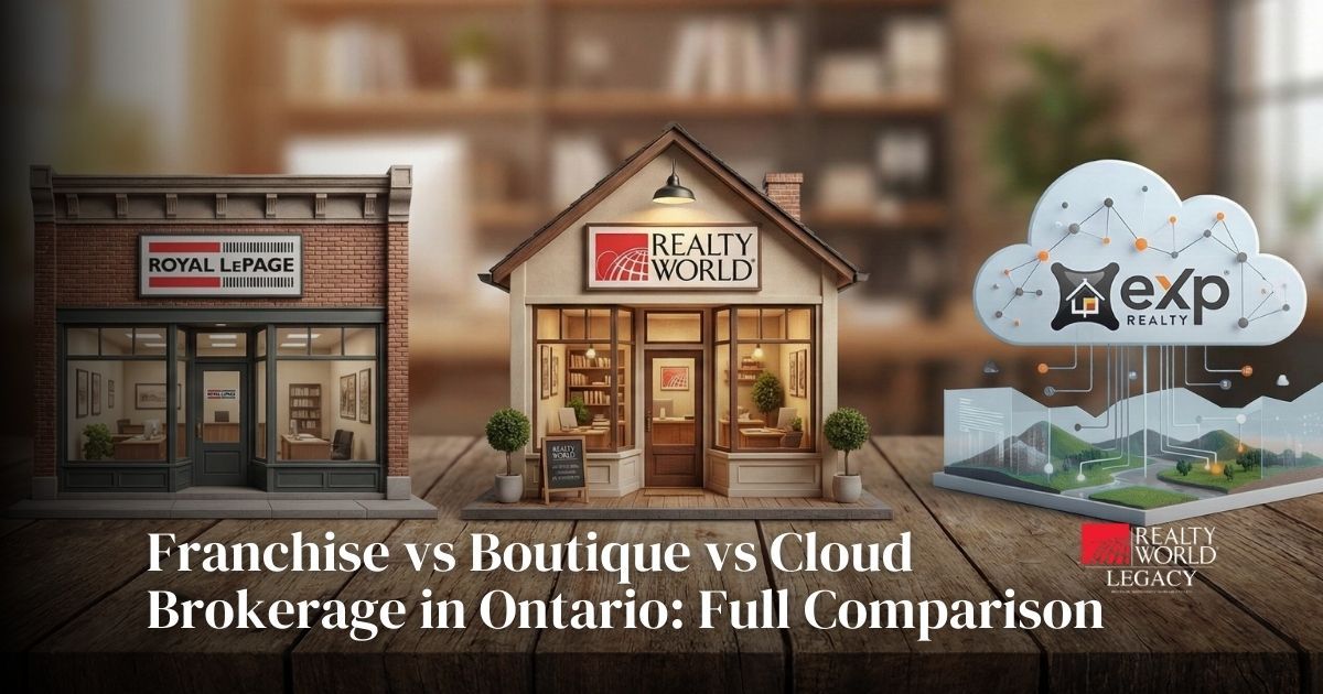 Large Franchise vs Boutique vs Cloud Brokerage Ontario comparison showing Royal LePage storefront, Realty World boutique office, and eXp Realty cloud platform