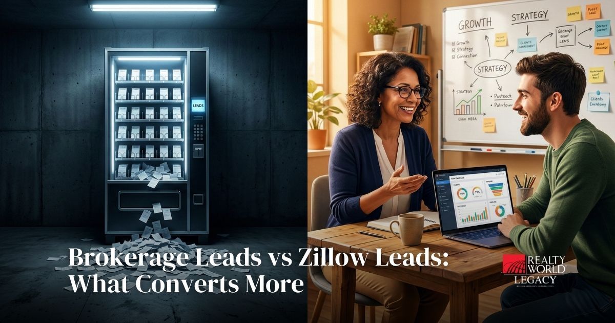 A split image comparing real estate leads. The left panel shows cold, neglected Zillow Leads spilling from a machine. The right panel shows a warm, supportive coaching session analyzing high-converting Brokerage Leads on a laptop