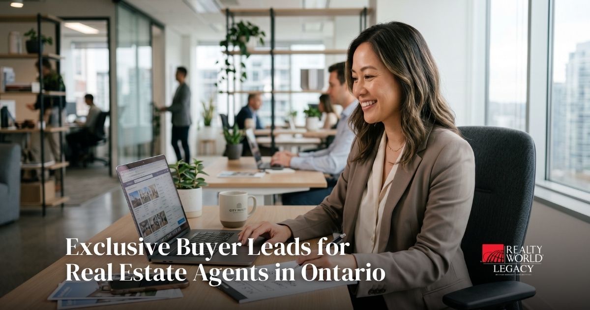 Real estate agent working at her desk with a laptop in a modern office, smiling while reviewing listings, with the title Exclusive Buyer Leads for Real Estate Agents in Ontario and the Realty World Legacy logo.