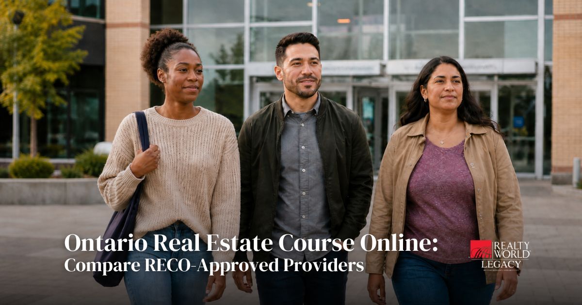 Three adult learners leaving a modern Ontario college after completing an online real estate course, looking happy and content.