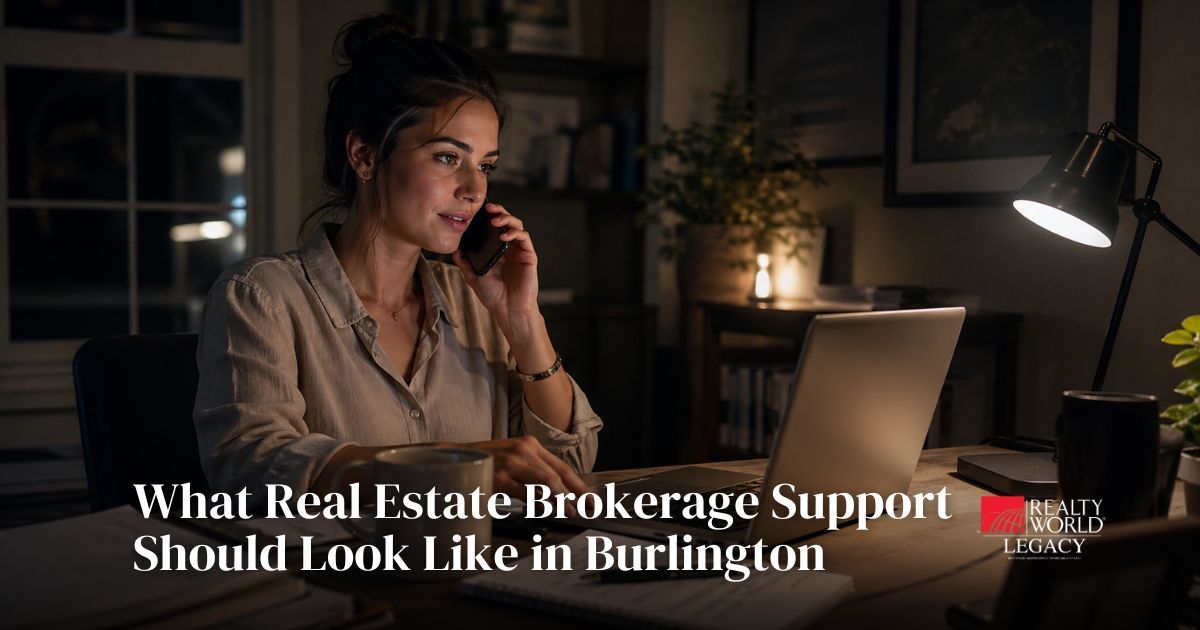 Real estate agent working late at night in a home office, reviewing documents on a laptop while speaking on the phone, with a calm and focused expression in a softly lit workspace.