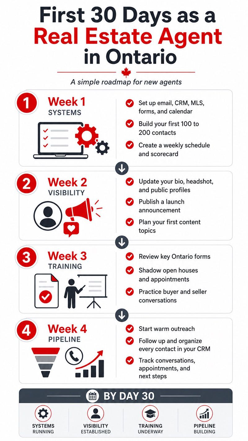 First 30 days roadmap for new real estate agents in Ontario covering systems, visibility, training, and pipeline building