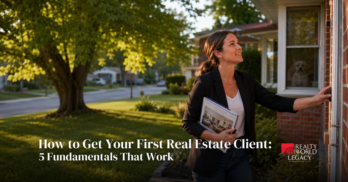 Real estate agent knocking on a front door with listing materials, promoting tips on how to get your first real estate client.