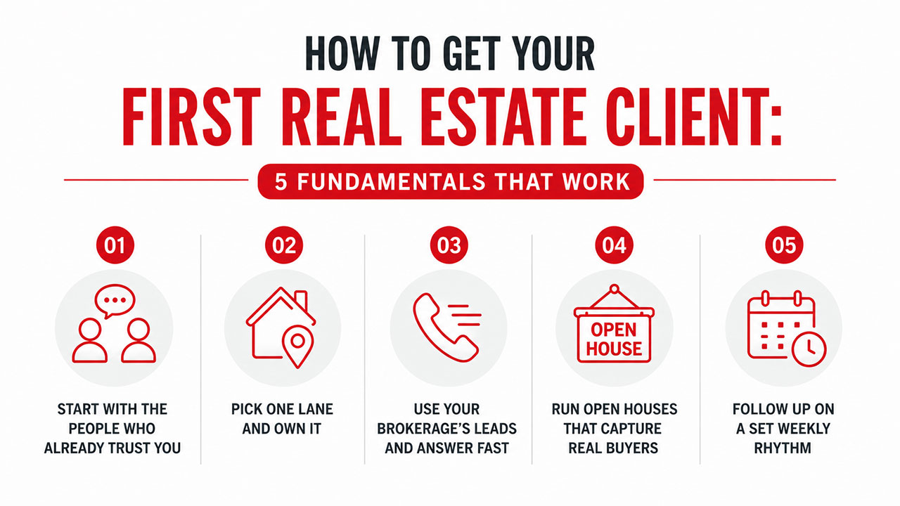 Infographic showing the five fundamentals for getting your first real estate client: start with people who already trust you, pick one lane and own it, use your brokerage's leads and answer fast, run open houses that capture real buyers, and follow up on a consistent weekly rhythm.